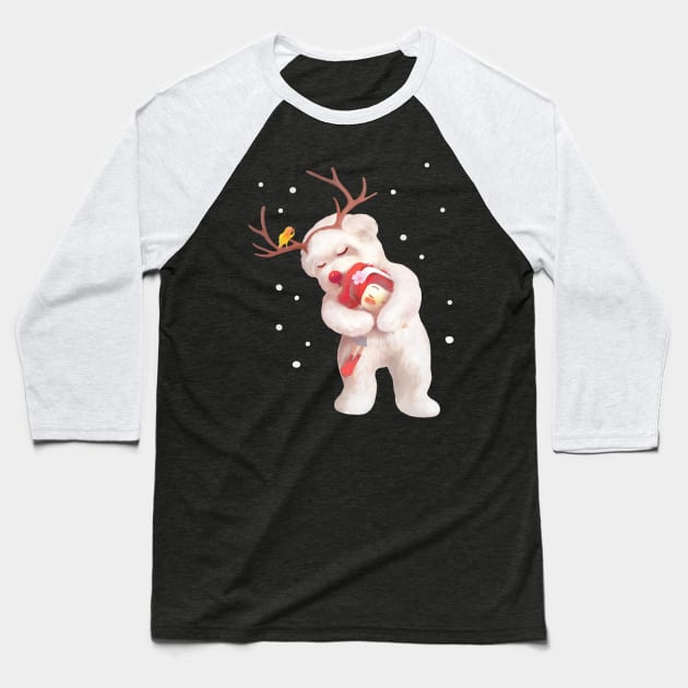 Little Girl Hugging Dog in Reindeer Antlers Baseball T-Shirt by zkozkohi